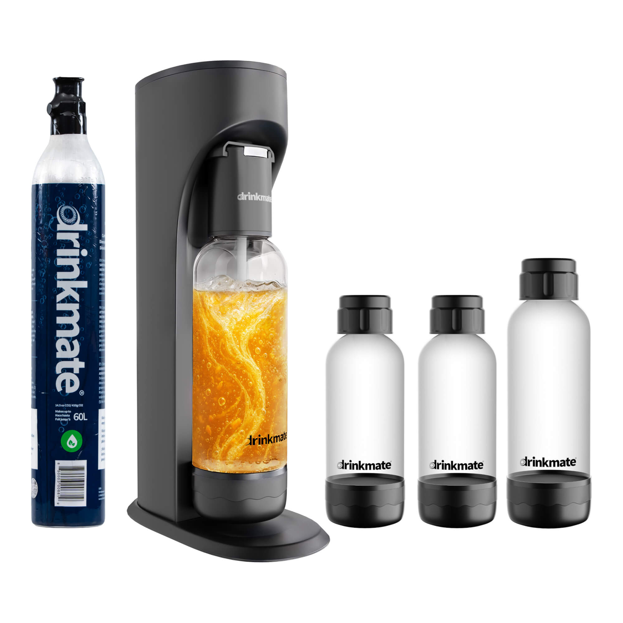 Drinkmate OmniFizz Getränkesprudler und Wassersprudler, inkl. CO2-Zylinder und 4 PET-Flaschen (2 x 1 l + 2 x 0,5 l) | schwarz