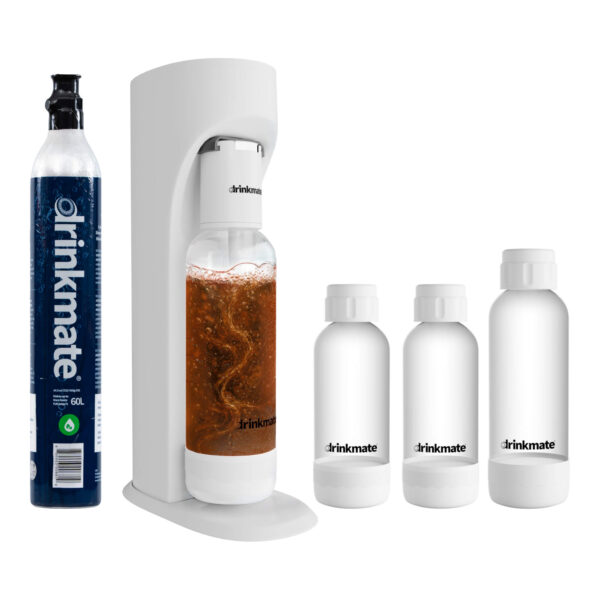 Drinkmate OmniFizz Getränkesprudler und Wassersprudler, inkl. CO2-Zylinder und 4 PET-Flaschen (2 x 1 l + 2 x 0,5 l) | weiß