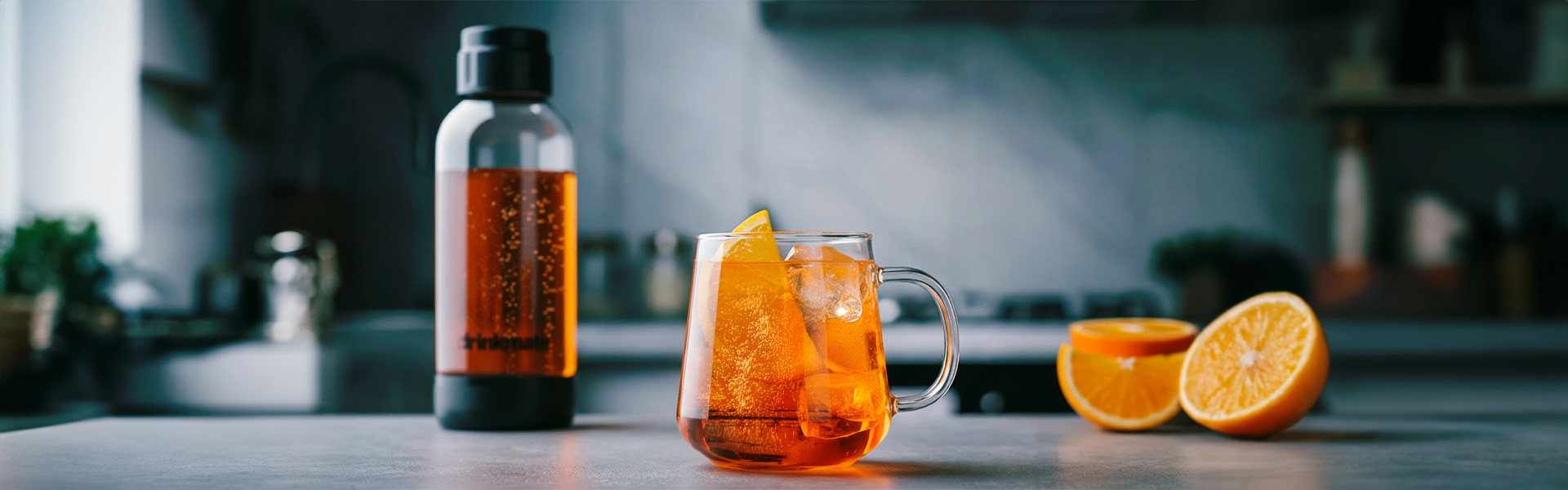 Drinkmate Getränkesprudler: Hintergrundbild mit einem Glas für Winter-Glüh-Fizz-Rezept